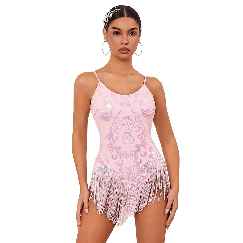 NWT ODIZLI Pink Sequin Fringe Tassel Cami Bodysuit Rave Dance Costume Small